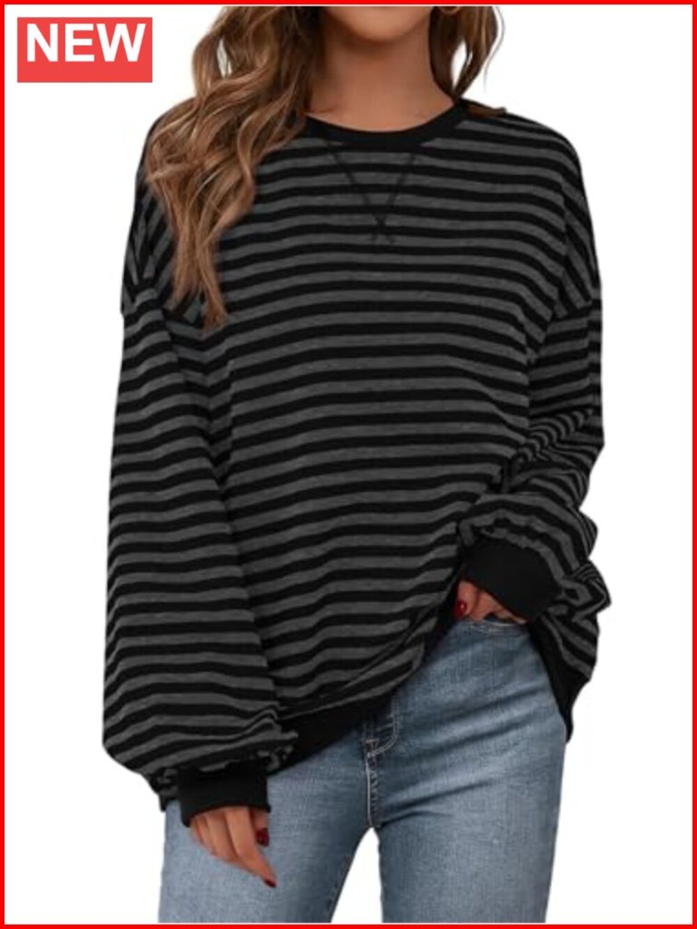 Oversized Striped Sweatshirt for Women Cotton Long Sleeve Crewneck Pullover